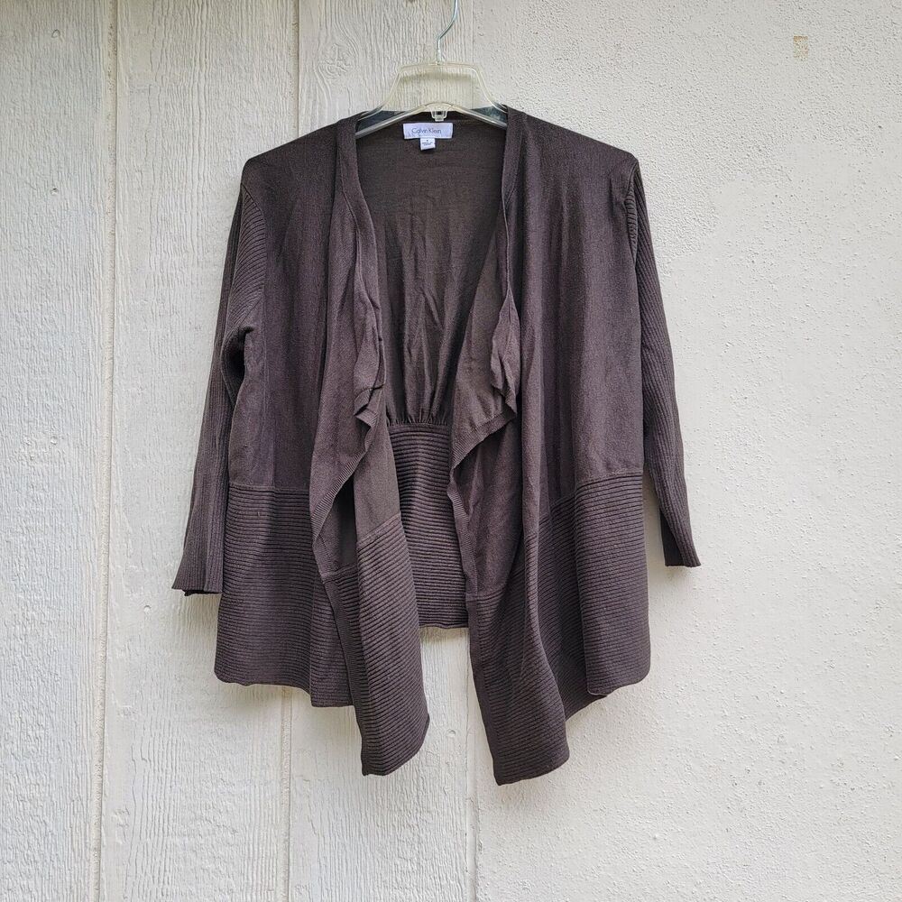 Womens calvin klein silk blend drape frnt open front cardigan green sz small